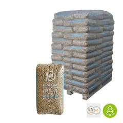 Gecertificeerde pallet met naaldhoutpellets, 78 zakken per pallet.