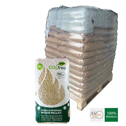 Pallet met Amerikaanse premium pellets, 84 zakken per pallet.
